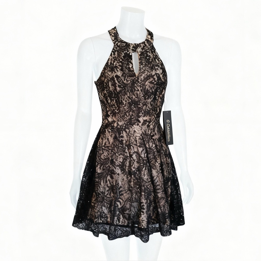 Glam Floral Lace Nude Lined Front Back Keyholes Halter Sequins Flared Puff Skirt